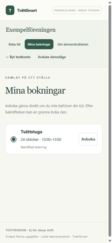 Skärmbild från mobilvyn Mina bokningar med tydlig Avboka-knapp